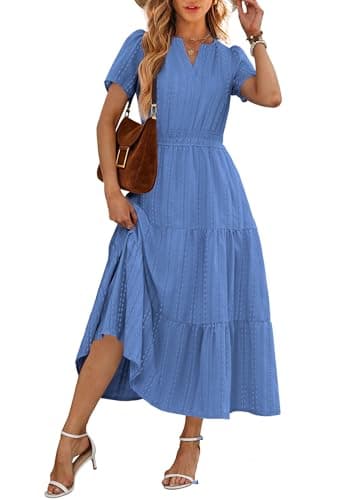 RUMIA Maxi Dress for Women Summer Casual Short Sleeve V Neck Beach Dress with Pockets BlueGray 2XL - Thumbnail 4