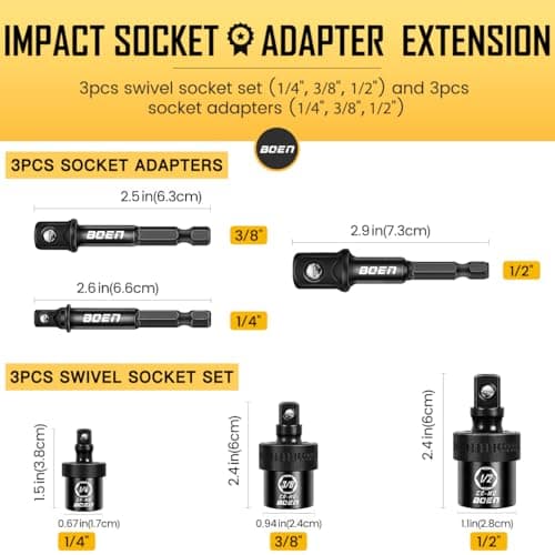 BOEN 6PCS Impact Universal Joint Sockets and Drill Adapters, 1/2" 1/4" 3/8" Drive Swivel Socket Set for Impact Wrench, CR-MO Steel Universal Joint Adapter Wobble with Storage Case - Thumbnail 2