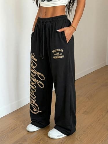 ZAFUL Womens Wide Leg Sweatpants Y2K Gothic Graffiti High Waisted Lounge Pants Athletic Joggers Pants with Pockets 7-Black&Leopard Black XXL - Thumbnail 6