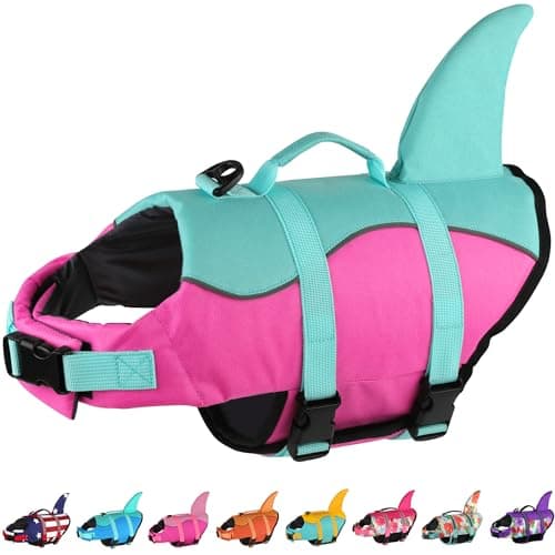 Dogcheer Dog Life Jacket Shark, Ripstop Dog Life Vest for Swimming Boating with Reflective Stripes & Rescue Handle, High Buoyancy Pet Swim Vest for Small Medium Large Dogs - Pink & Green, L