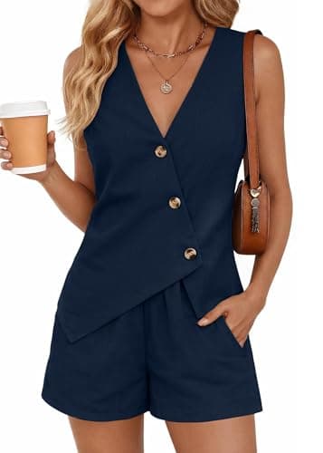 Lazysmile Summer 2 Piece Sets for Women Fashion Matching Set Button Down Suit Vest Tops and Shorts Casual Outfits Navy - Image 1