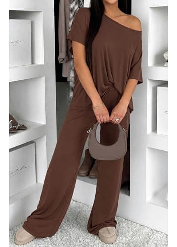 KIRUNDO Lounge Sets for Women Airport Travel Outfit 2026 Summer Off the Shoulder Tops Wide Leg Pants 2 Piece Matching Set(Brown, Large) - Thumbnail 6