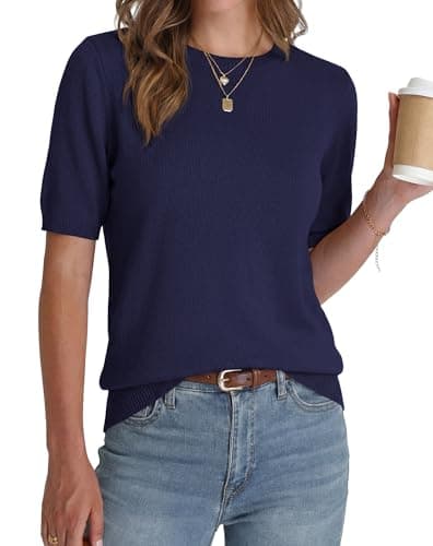 BTFBM Women's Short Sleeve Sweaters 2026 Summer Crew Neck Knit Work Shirts Business Casual Tops Basic Fall Fashion Clothing(Navy Blue, Large) - Thumbnail 4