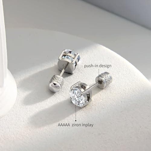 Hypoallergenic Threadless Flat Back Earrings,1 Pairs Cartilage Stud for Women Men Titanium Post 20G None Screw Easy Push in Gold Black Silver Stainless Steel Flatback with CZ 3-8mm (Silver Stud, 5mm) - Thumbnail 5