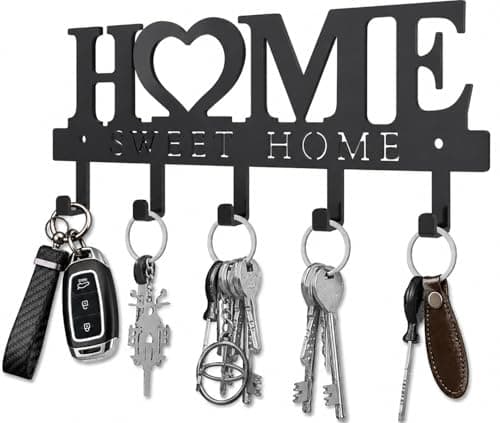 Conwithna Key Holder Hooks Organizer Hanger Rack Wall Mounted Sweet Home Metal Decor Stylish and Practical for Entryway Front Door Kitchen Hallway Garage Mudroom Office Hardward Included Black