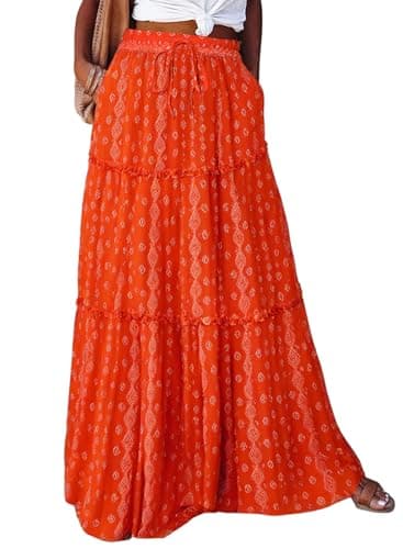 Happy Sailed Womens Retro Boho Printed High Waist Elastic Waist A Line Flowy Long Maxi Beach Skirts with Pockets Light Red X-Large - Image 1