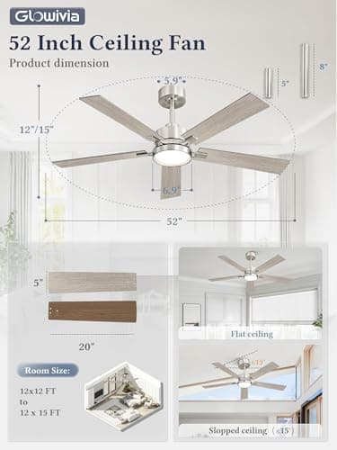 Glowivia 52 Inch Ceiling Fan with Lights and Remote, Smart APP Control, Dimmable with All-Setting Memory, Quiet DC Motor Reversible Blades, Damp Rated Modern Ceiling Fan for Bedroom Patio Living Room - Thumbnail 5
