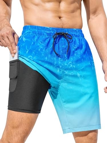 SILKWORLD Mens Swim Trunks with Compression Liner Quick-Dry 9" Stretch Beach Shorts, Blue Ripple, X-Large - Image 1