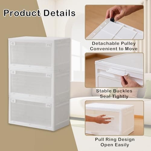 SOBIBO 3-Tier 101QT Stackable Storage Bins with Lid, Doors & Wheels, Collapsible Plastic Organizer Bins for Closet Bedroom, White - Thumbnail 4
