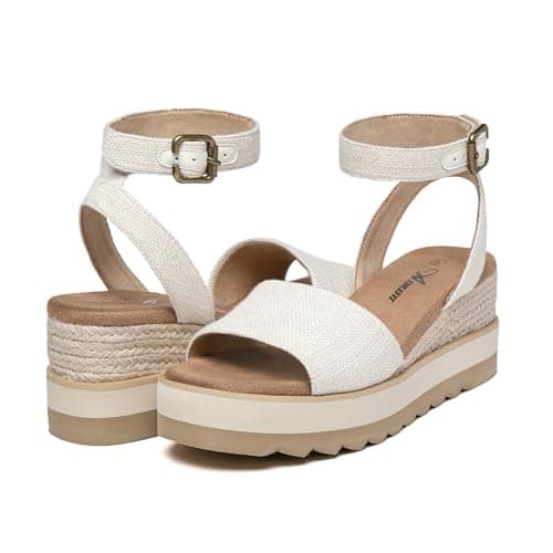 Athlfit Women's Open Toe Buckle Ankle Strap Summer Casual Espadrille Platform Wedge Sandals, Beige, Size 11, AD00442 - Thumbnail 6