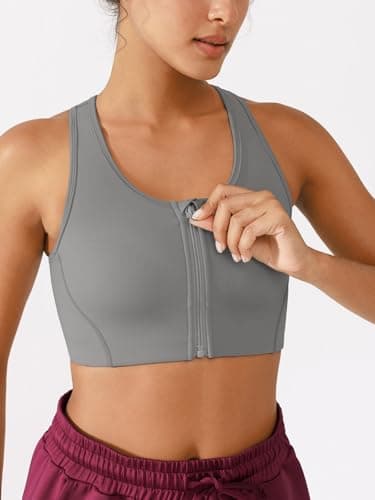 BRXL High Support Front Zip Sports Bra for Women with Phone Pocket Padded Racerback Workout Gym Running Yoga Bra Grey - Thumbnail 3