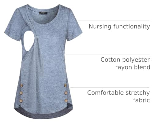 connche Nursing Tops for Women Breastfeeding Shirts Short Sleeve Maternity Round Neck Pajamas Tops for Button Detail Loose Hem Lactation Comfy Stretchy Sleepwear Shirts Light Blue M - Thumbnail 4
