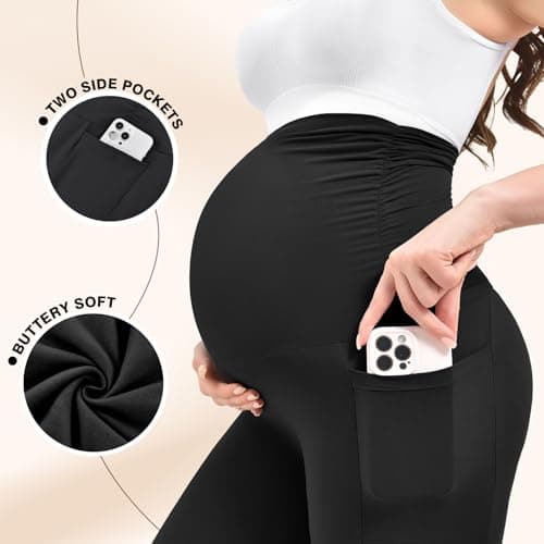 Ipletix Maternity Capris Leggings with Pockets Over The Belly, Yoga Workout Pants for Pregnancy & Postpartum Black M - Thumbnail 3