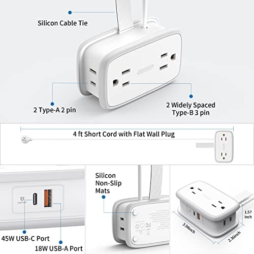 NTONPOWER GaN 45W USB C Power Strip, 4 AC Outlets with 4FT Retractable Flat Extension Cord, 45° Angled Plug Compact Travel Power Strip, Fast Charging for MacBook, iPad Pro, iPhone, Galaxy - Thumbnail 6