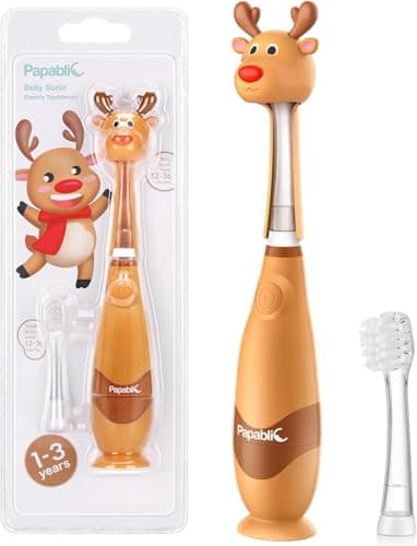 Papablic Toddler Sonic Electric Toothbrush for Ages 1-3 Years, Baby Electric Toothbrush with Cute Reindeer Cover and Smart LED Timer, 2 Brush Heads (Ruby) - Image 1