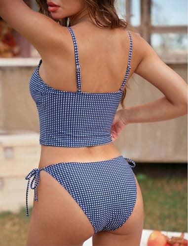 ZAFUL Navy Gingham Tankini Swimsuits for Womens Cute Tankini Bathing Suits Two Piece Checkered Tankinis Sets Bow Color Block Swimsuits with Tie Side Bottom - Thumbnail 2