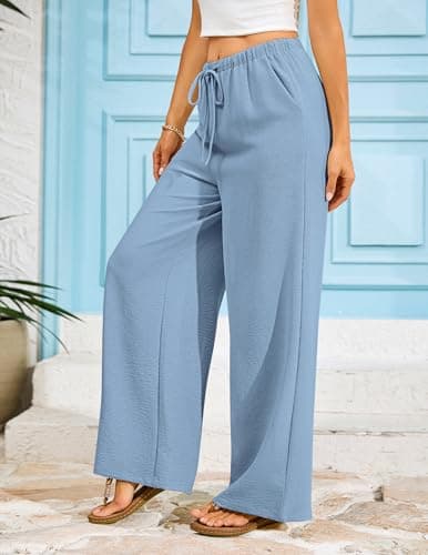 LOOKBOHO Women's Wide Leg Beach Pants Elastic Waist Lightweight Casual Flowy Palazzo Lounge Trousers with Pockets Grey Blue XL - Thumbnail 6