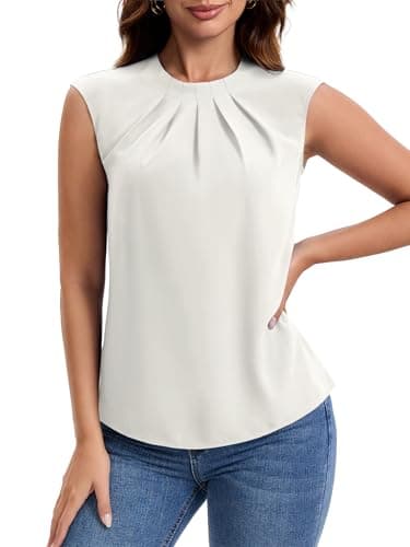 Funlingo Dressy Top for Women Summer Trendy Short Sleeve Blouses Crew Neck Pleated Business Casual Shirts Interview Work Clothes L White - Thumbnail 2