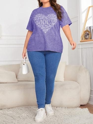 Anbech Women Plus Size Kindness Shirt Cute Heart Graphic Tees Short Sleeve Teacher Tops (Purple, 3X) - Thumbnail 4