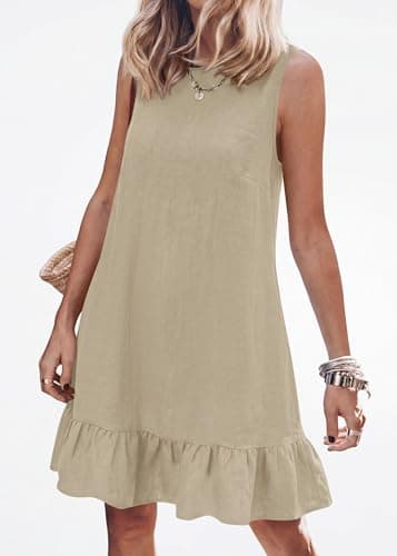 KIRUNDO Women's Casual Summer Dresses 2026 Spring Sleeveless Shift Tank Mini Dress Flowy Ruffle Hem Beach Vacation Sundress(Khaki, X-Large) - Thumbnail 2