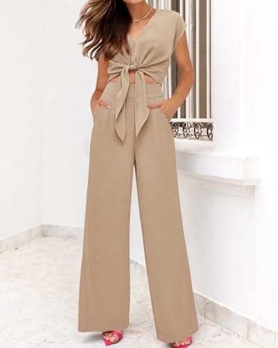 PRETTYGARDEN Vacation Outfits For Women 2025 Crop Tops Flowy Pant Sets 2 Piece Dressy Jumpsuits Summer Beach Wear(Solid Khaki,Medium) - Thumbnail 6