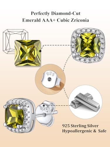 Bestyle Peridot CZ Stud Earrings,Birthstone Earrings Stud for Women Sterling Silver Square Cubic Zirconia Stud Earrings Hypoallergenic Silver Earrings for Women - Thumbnail 4