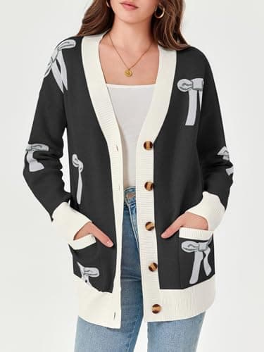 Saodimallsu Womens Oversized Cardigan Sweaters Bow Printed Button V Neck Long Sleeve Loose Knit Fall Trendy Coats Black - Thumbnail 3