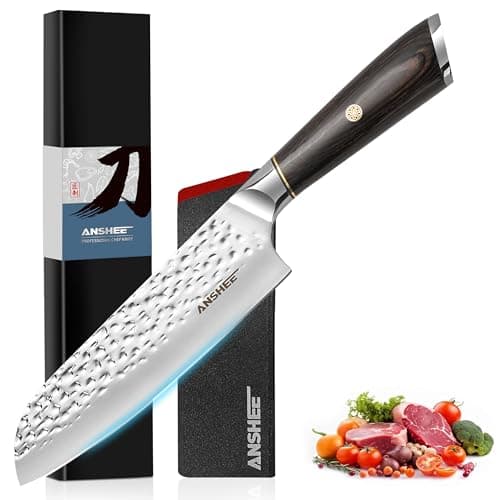 anshee 7 Inch Japanese Santoku Knife with Sheath Gift Box-Hammered Finish High-Carbon Stainless Steel Precision Chef Knife Wood Handle,Multipurpose Kitchen Knife for Slicing Meat,Vegetables,Fruits - Image 1