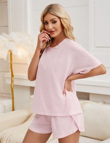 JUSTFASHIONNOW Shorts Pajama Set for Women Two Piece Lounge Set Striped Print Crew Neck Loungewear Short Sleeve Tee and Side Split Shorts Set Summer Outfits Cute Pj Sets Pink XL - Thumbnail 3