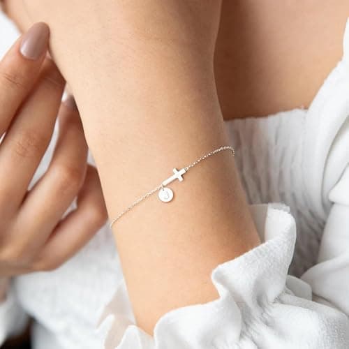 Btysun Graduation Gift for Her, Baptism Gifts White Gold Cross Bracelet for Women J Initial Bracelets for Women Christian Bracelet Communion Confirmation Faith Jewelry - Thumbnail 6