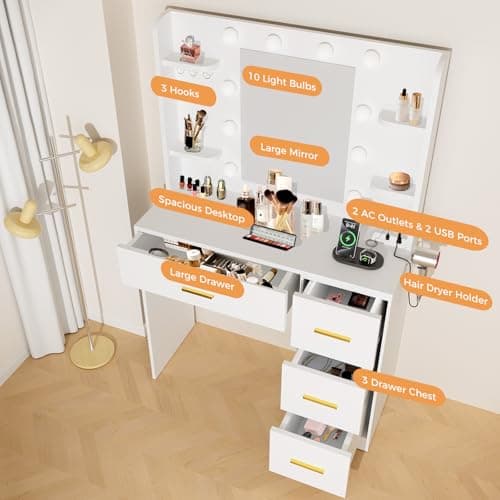 HABIUBIU 35 Small Vanity Desk with Mirror and Lights,10 Lights,3 Color Modes,Makeup Vanity Desk with 4 Storage Shelves 4 Drawers and Power Outlet,White vanitys-New Upgraded Quality - Thumbnail 3