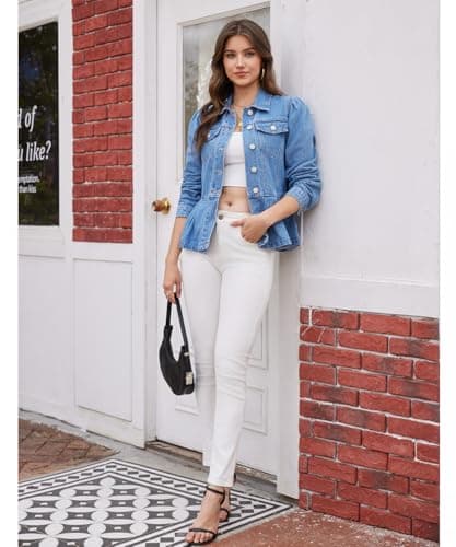 J.Corrine Womens Denim Jacket Peplum Ruffle Hem Jeans Jacket Button Down Casual Trendy Puff Long Sleeve Jean Jackets Blue L - Thumbnail 6