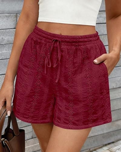 KIRUNDO Lace Shorts for Women Summer Cute Boho Eyelet Elastic Waist Drawstring Casual Lounge Shorts Beach Vacation Outfits(Burgundy, Large) - Thumbnail 2