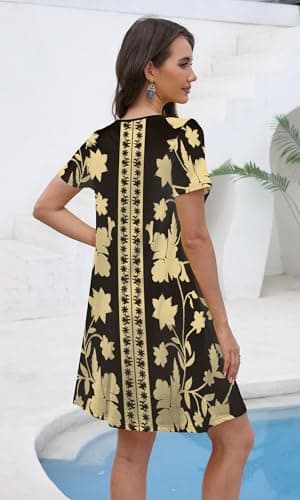 COSSEN Women's Summer 2026 Casual Tshirt Dress Black Boho Printed XX-Large Crew Neck Short Sleeve with Pockets Flowy Loose Swing A-Line Sundress - Thumbnail 2