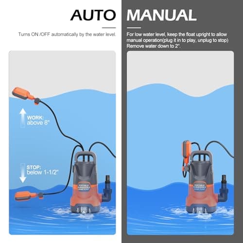 SHANGDA Sump Pump with Float 1HP Clean/Dirty Submersible Water Draining Pump 4500GPH Electric Portable Water Transfer Pumps for Pool Basement Garden Spa Hot Tubs Pond Flood Yard, Orange - Thumbnail 3