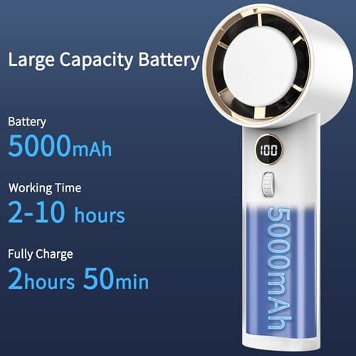 WAFTING Portable Handheld Fan,5000mAh High Speed Turbo Personal Fan with 100 Speed Adjustable, Up to 17 Working Hours, Digital Display, for Travel Outdoor Hot Flashes(White) - Thumbnail 4