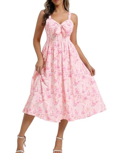 Belle Poque Summer Dresses for Women 2026 Tie Front Dress Beach Wedding Guest Dress Floral Sundress with Pockets (Pink,L) - Image 1