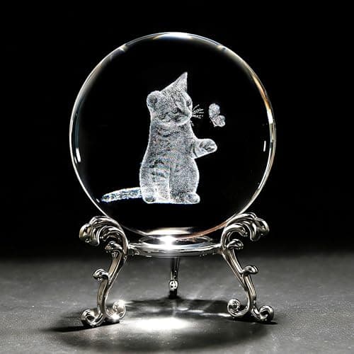 HDCRYSTALGIFTS 60mm 3D Laser Engraved Cat Crystal Ball Figurine with Stand Cat Themed Gift for Women Glass Animal Paperweight Glass Kitty Decorative Ball Home Table Decor