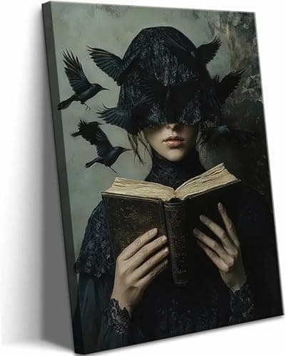 Dark Academia Canvas Wall Art Gothic Victorian Woman Reading Book Wall Decor Picture Moody Dark Crow Aesthetic Poster Print for Gallery Living Room Bedroom Home Decoration 16x24in - Image 1
