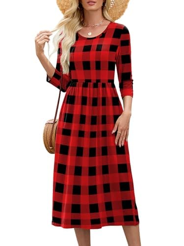 Heymoments Ladies Dresses Women Red Plaid Large Crewneck 3/4 Sleeves Wedding Guest A line Casual Flowy Swing Party Vintage Spring Fall Winter Travel 2026 Long Midi Dress with Pocket - Image 1