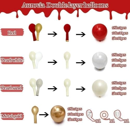 Red White Gold Balloon Garland Double Stuffed Burgundy Red White Sand Pearl Balloon Arch Kit Maroon Wine Balloons for Mother's Day Birthday Bridal Shower Wedding Graduation Party Decorations - Thumbnail 3