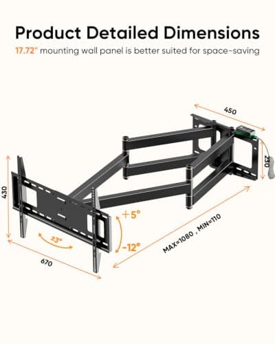 FORGING MOUNT Full Motion TV Wall Mount for 50-90 inch TVs, Heavy Duty Articulating Arm Holds 198 lbs with 43 Inch Long Extension, Fits Flat/Curved Screens, Max VESA 600x400mm - Thumbnail 6