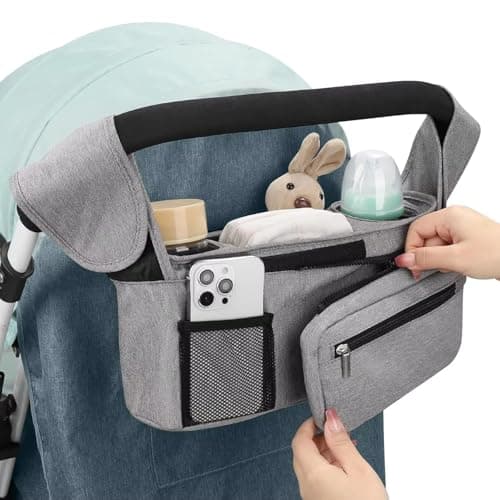 HFLYJPYW Universal Stroller Organizer with Insulated Cup Holder Detachable Phone Bag and Carry Strap Fits Uppababy, Baby Jogger, Britax, BOB, Umbrella and Pet Stroller and more (Light gray) - Thumbnail 5