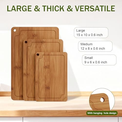 Bamboo Cutting Boards for Kitchen, Wood Cutting Board Set with Juice Grooves & Built-in Handles, Large Medium Small Chopping Board for Meat, Vegetables, Fruit - Thumbnail 4