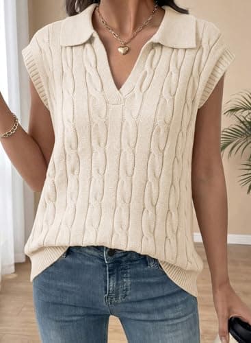 Dokotoo Vest Tops for Women V Neck Lapel Collar Cable Knit Women Vest Trendy Fall Outfits 2025 Womens Sweaters Beige Small - Thumbnail 3