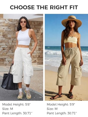 Aoysky Womens Wide Leg Cargo Pants Baggy Elastic Waist Drawstring Loose Cotton Workout Outdoor Capri Pants with Multi Pockets - Thumbnail 6