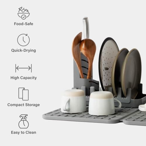 Dorai Home Collapsible Dish Drying Rack and Stone Dish Pad – Large Foldable Drying Rack with Instant - Dry Stone Mat –Space-Saving Drainer Rack for Kitchen Counter - 24.6" x 16.5", Slate - Thumbnail 3