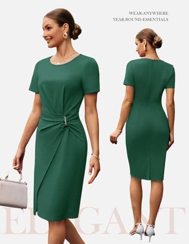 GRACE KARIN Work Dresses for Women 2026 Short Sleeve Sheath Business Dress Ruched Bodycon Office Cocktail Dress Dark Green S - Thumbnail 5
