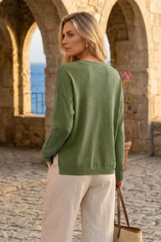 Arach&Cloz Women's Wool Blend Oversized Fall Casual Sweater Olive Green M - Thumbnail 4