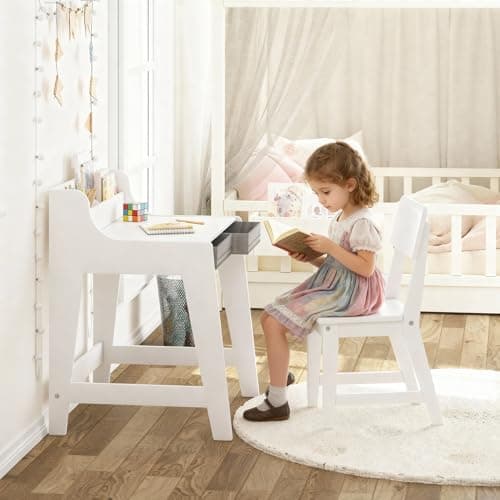 UTEX Kids Desk and Chair Set, Study Desk for Kids with Storage Bins, Wooden Children Study Table, Student Writing Desk for Bedroom & Study Room (2 Fabric Drawers) - Thumbnail 4